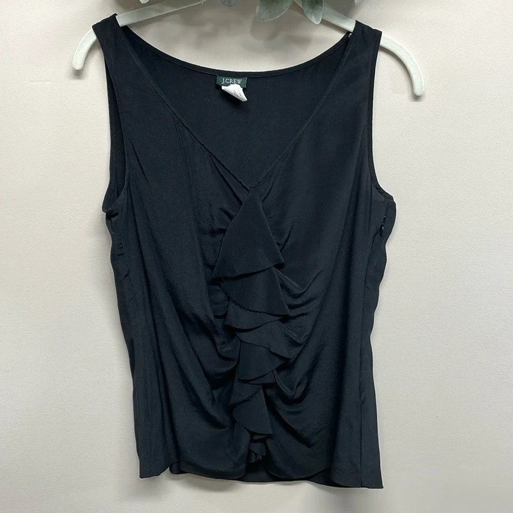 J. Crew Darla Ruffle 100% Silk Sleeveless Cami Tank Blouse Black 8